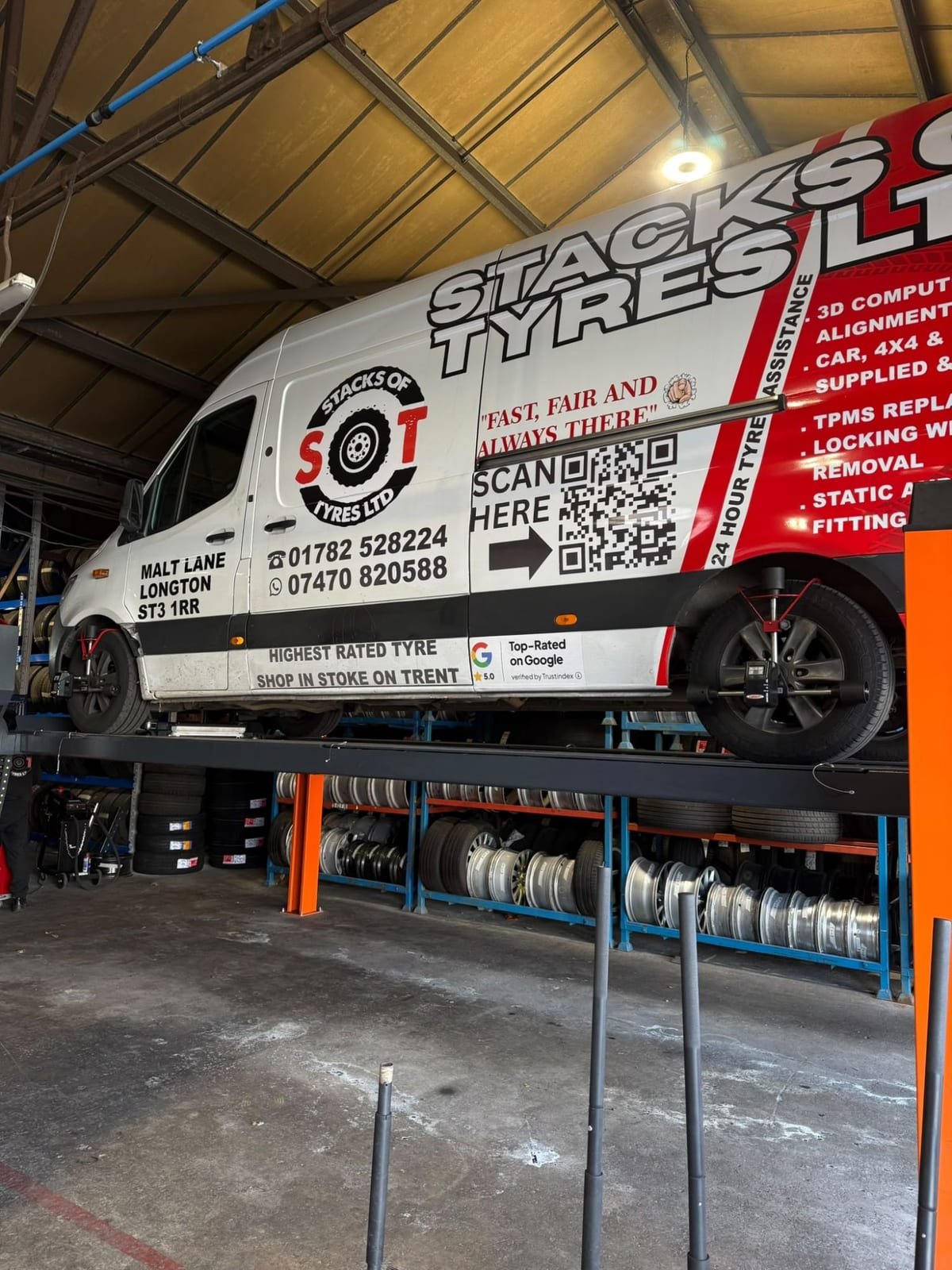 Our van on the alignment ramp in the Longton workshop